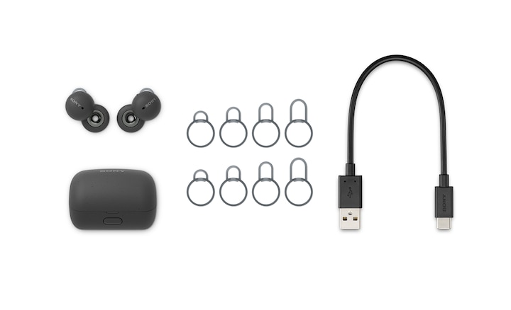 Imagen del estuche gris para los LinkBuds con los LinkBuds, 5 tamaños de soporte en arco y un cable de carga USB-C